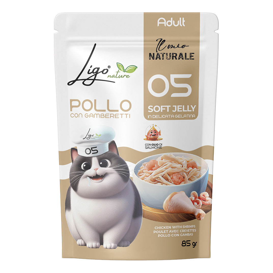 Ligo Nature Il Mio Naturale Soft Jelly Busta 85 g Umido Gatto, Pollo con gamberetti