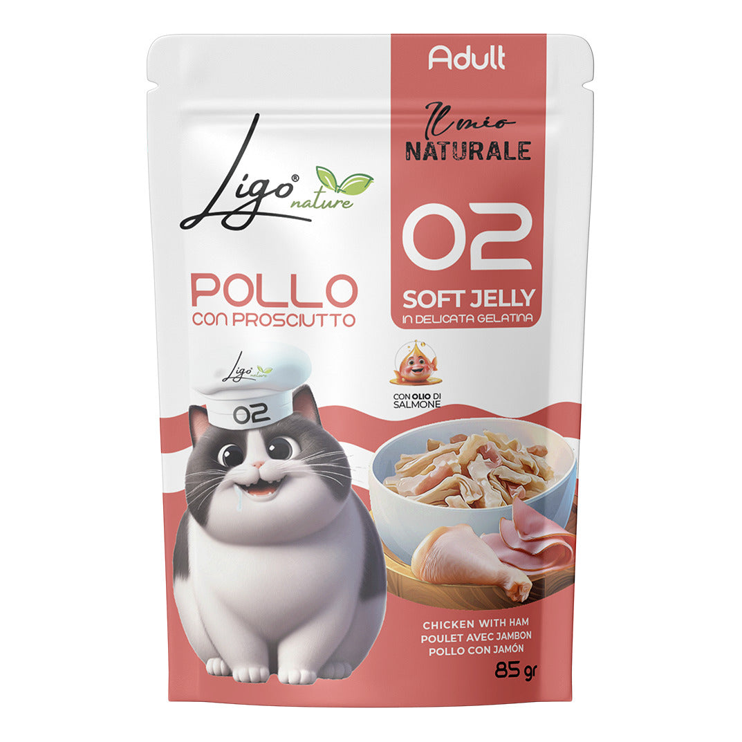 Ligo Nature Il Mio Naturale Soft Jelly Busta 85 g Umido Gatto, Pollo con prosciutto