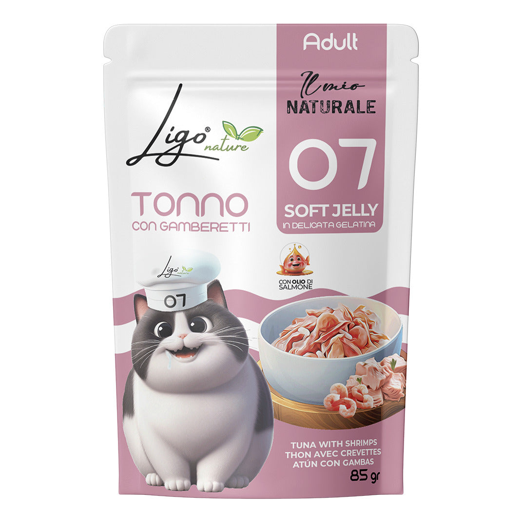 Ligo Nature Il Mio Naturale Soft Jelly Busta 85 g Umido Gatto, Tonno con gamberetti