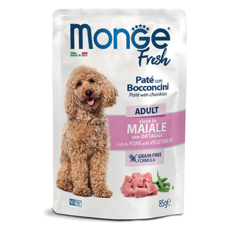 Monge Fresh Paté con Bocconcini Cane 85 g - Umido in Busta - Adult Maiale con Ortaggi