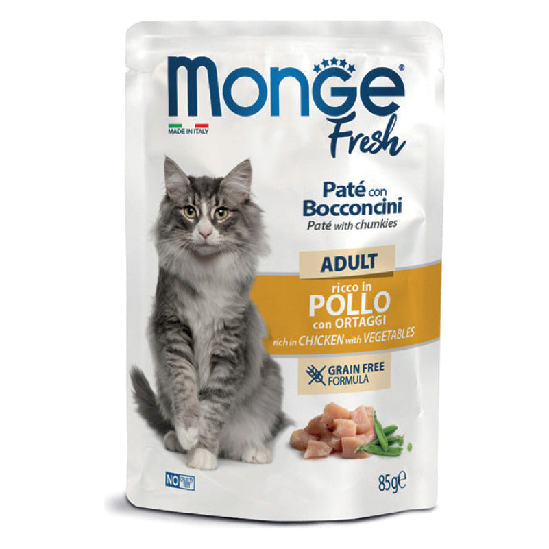 Monge Fresh Paté con Bocconcini Gatto 85 g - Umido in Busta - Adult Pollo con Ortaggi