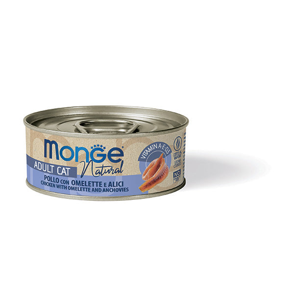 Monge Natural Gatto Umido 80 g in Lattina Pollo Con Omelette E Alici