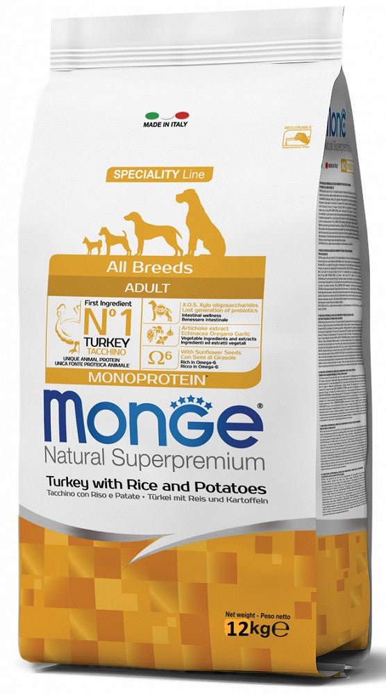 Monge - Monge Natural Superpremium Monoprotein Cane Adult Tacchino, Riso E Patate 12 Kg - Animalmania Store