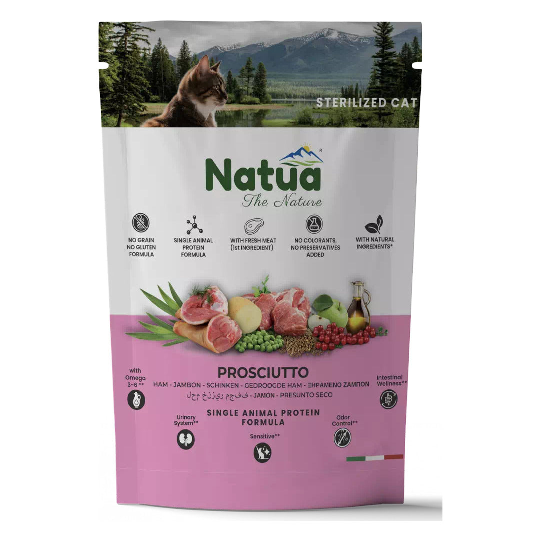 Natua Dry Line Gatto - Crocchette Monoproteiche Senza Cereali - Sterilized Prosciutto / 0.350kg