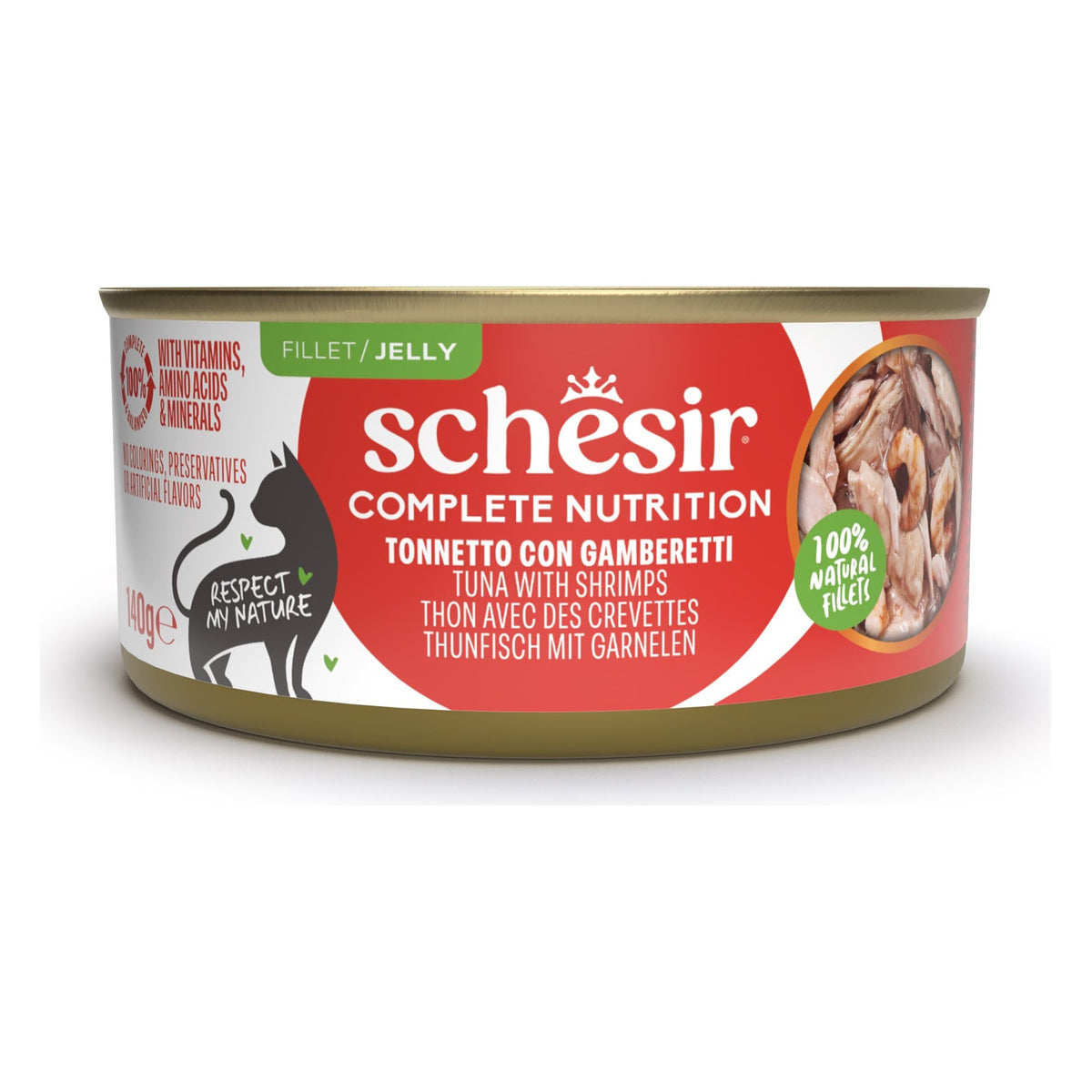 Schesir Gatto Complete Nutrition Gelatina Lattina 140 g Tonnetto con Gamberetti