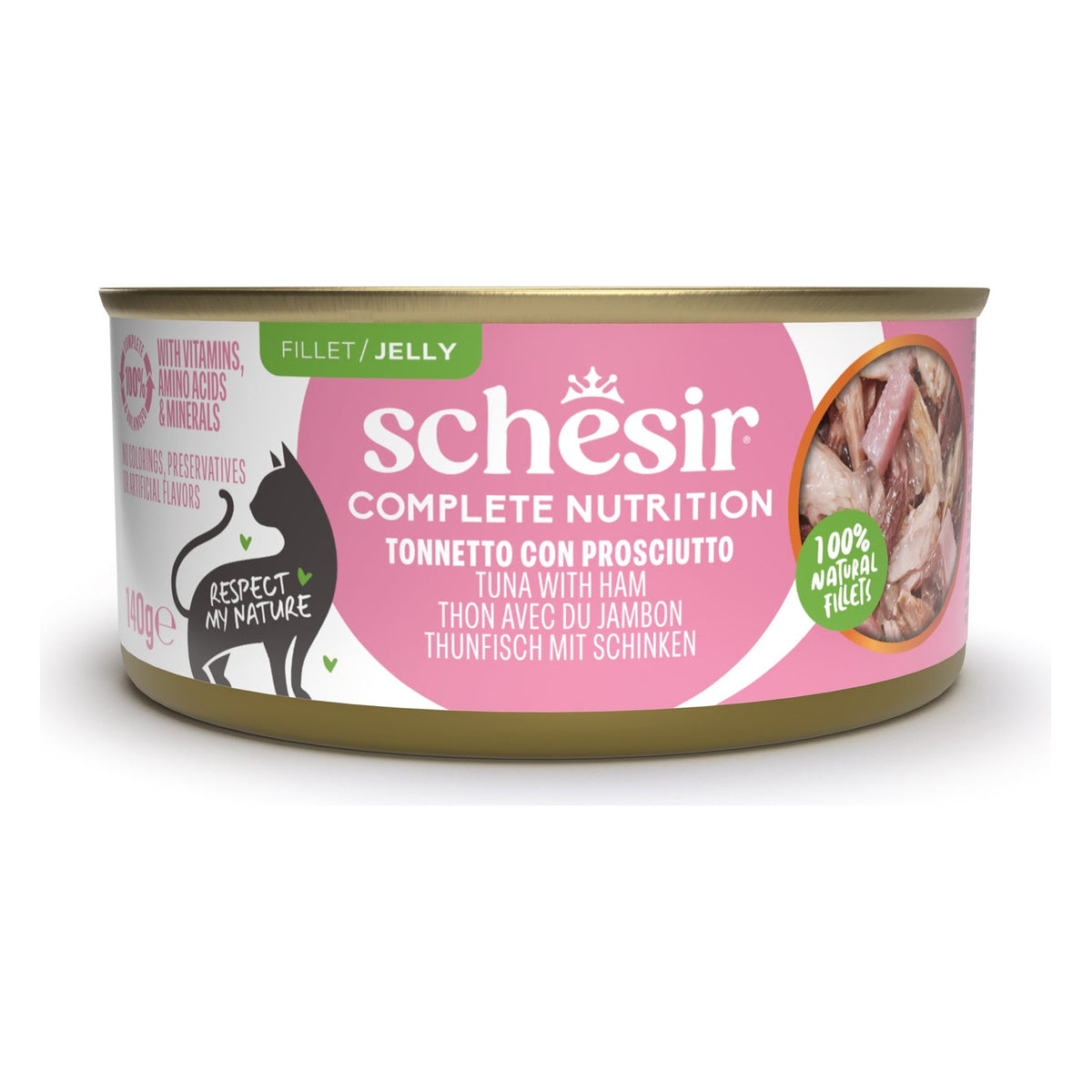Schesir Gatto Complete Nutrition Gelatina Lattina 140 g Tonnetto con Prosciutto