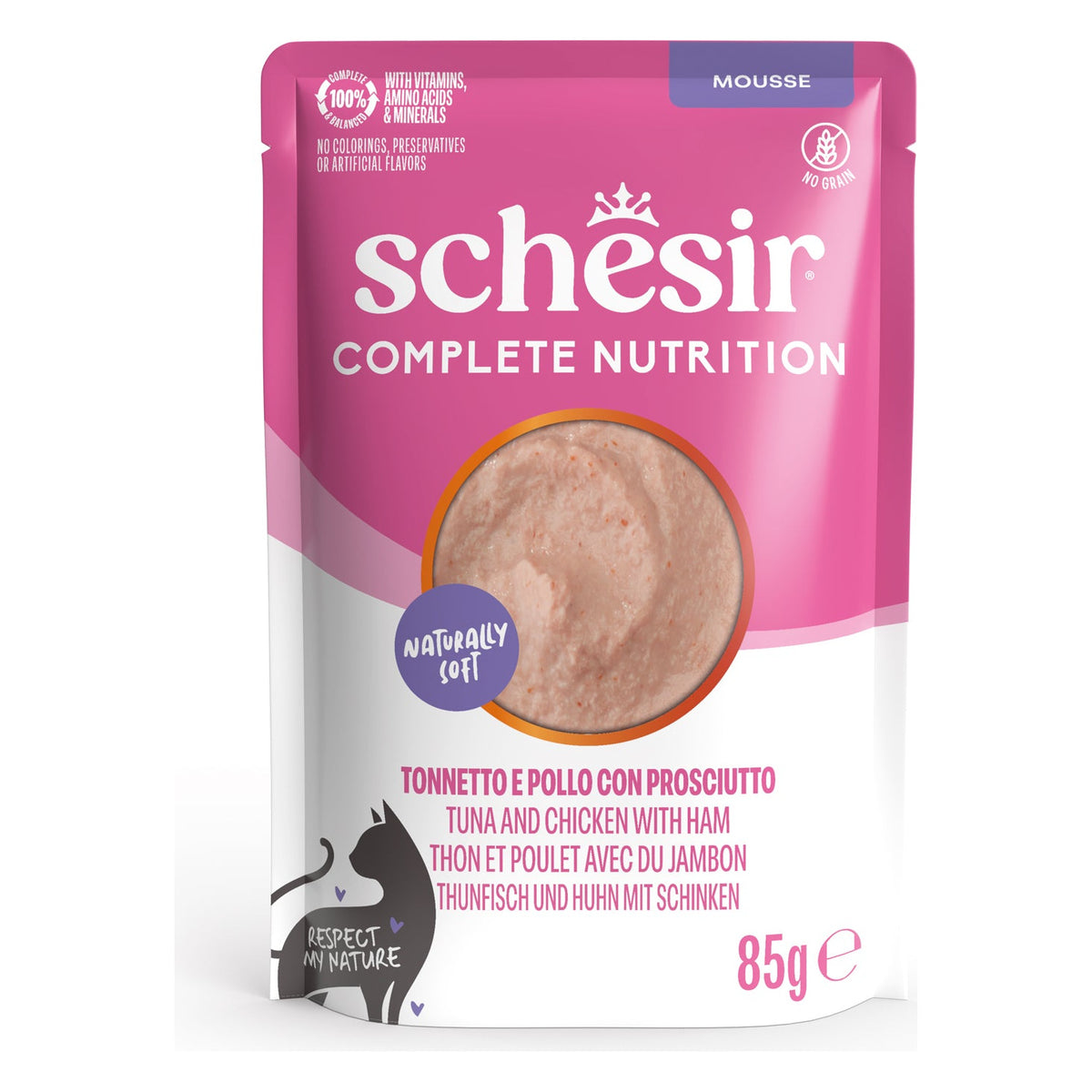 Schesir Gatto Complete Nutrition Mousse Busta 85 g Tonnetto e Pollo con Prosciutto