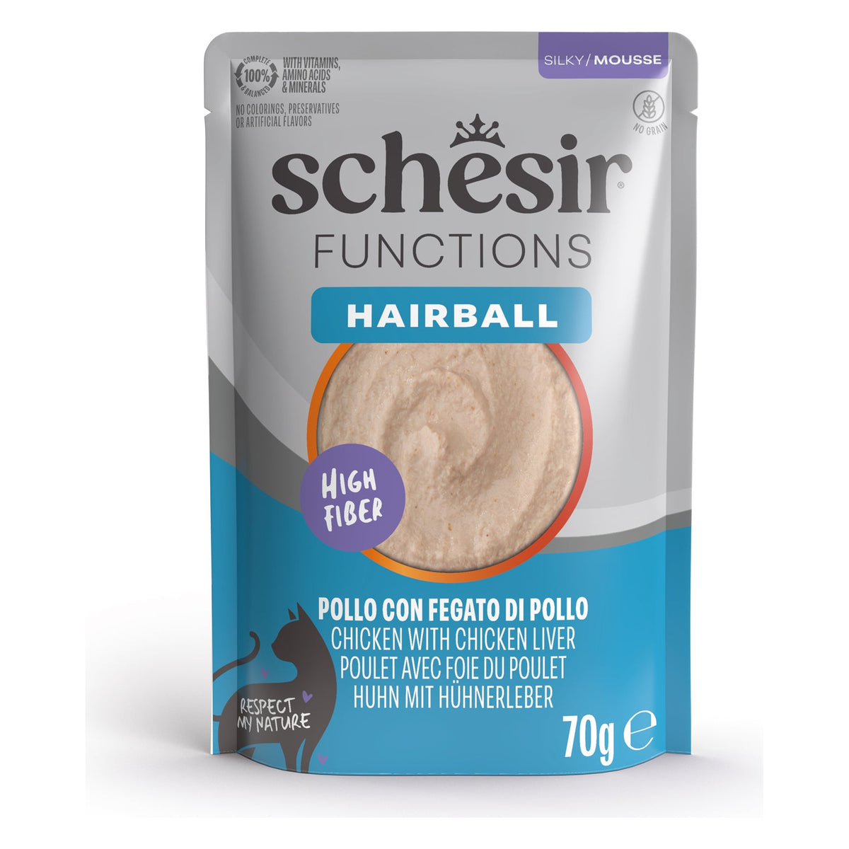 Schesir Gatto Functions Mousse Busta 70 g Hairball Pollo con Fegato di Pollo