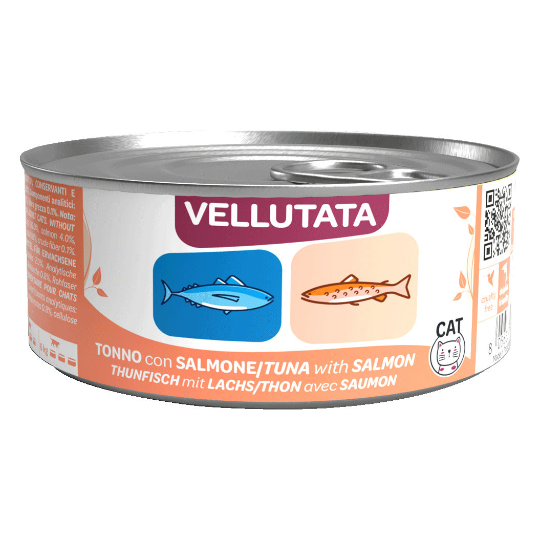 WeNature Vellutata Gatto 70 g - Umido in Lattina Adult e Sterilized - Adult Tonno con Salmone (secondo lato della lattina)