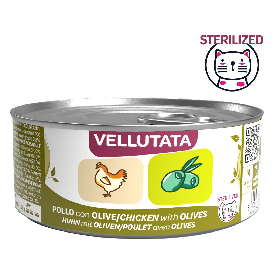 WeNature Vellutata Gatto 70 g - Umido in Lattina Adult e Sterilized - Sterilized Pollo con Olive (secondo lato della lattina)