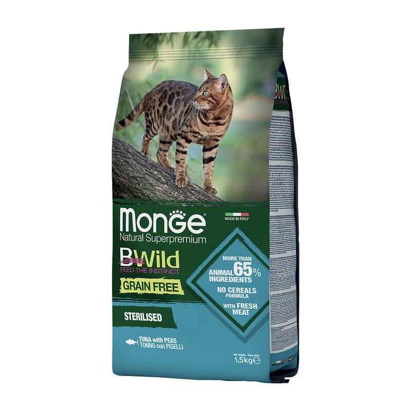 Monge - Monge Natural Superpremium Bwild Grain Free Gatto Adult Sterilised Tonno Con Piselli 12Kg - Animalmania Store