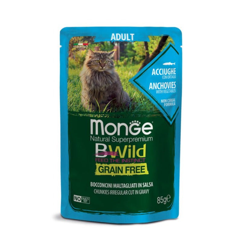 Monge - Monge Natural Superpremium Bwild Gatto Adult Grain Free Bocconcini 85 Gr Acciughe E Ortaggi - Animalmania Store