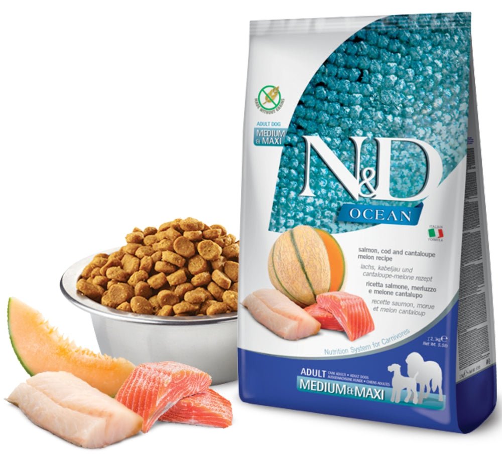 Farmina - N&D Ocean Dog Salmone, Merluzzo, Cantalopo Adult Med/Max Kg 12 - Animalmania Store
