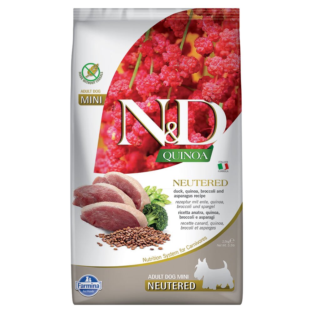Farmina - N&D Quinoa Dog Neutered Anatra, Broccoli E Asparagi Adult Mini Kg 2,5 - Animalmania Store