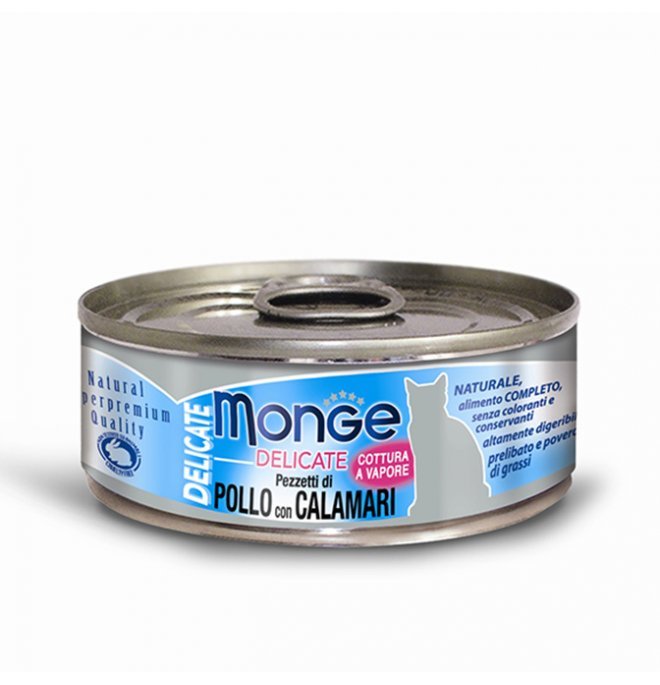 Monge - Monge Gatto Delicate Da 80 Gr In Lattina Pezzetti Di Pollo E Calamari - Animalmania Store