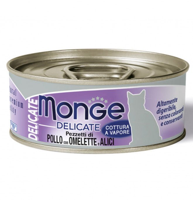 Monge - Monge Gatto Delicate Da 80 Gr In Lattina Pollo Con Omelette E Acciughine - Animalmania Store