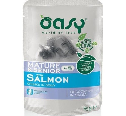 Oasy - Oasy Per Gatto Mature & Senior Con Bocconcini Di Salmone In Salsa Da 85 Gr - Animalmania Store