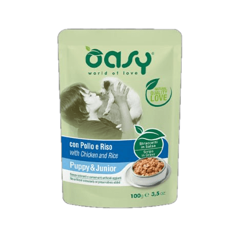 Oasy - Oasy Dog Straccetti In Salsa Puppy & Junior Con Pollo E Riso - 100G - Animalmania Store