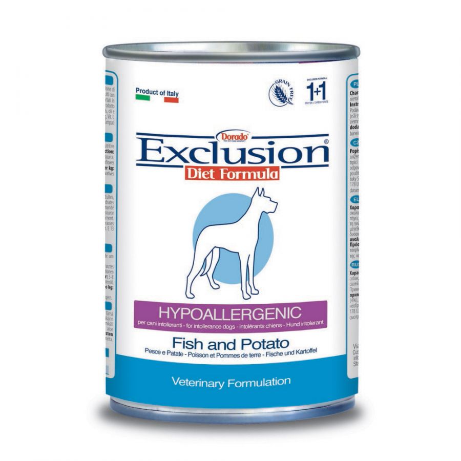 Exclusion - Exclusion Hypoallergenic Scatoletta Gusto Pesce E Patate 400Gr Per Cani - Animalmania Store